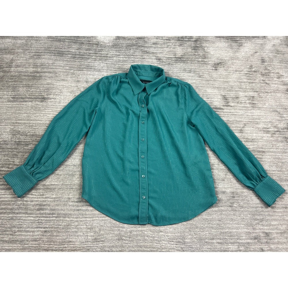 White House Black Market Blouse Womens S Teal Green Lurex Pinstripe Button Down